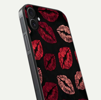 Midnight Kiss Love Glass Case for iPhone 16 Plus close-up angle highlighting red accents and reflection shine