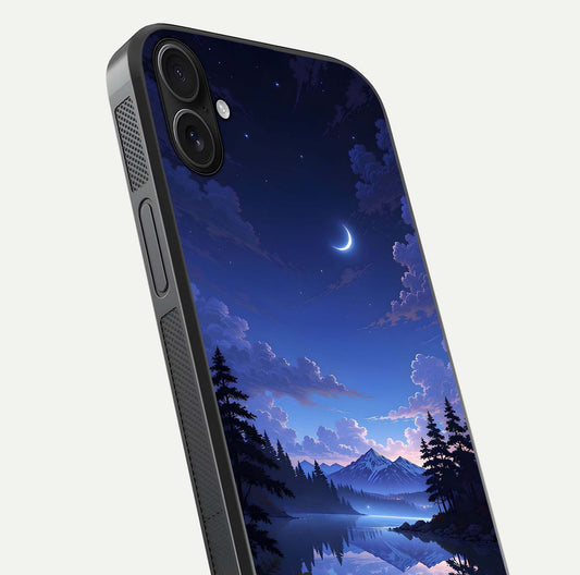 Midnight Lake Peace Glass Case for iPhone 16 Plus close-up angled shot showing blue night tones and reflection