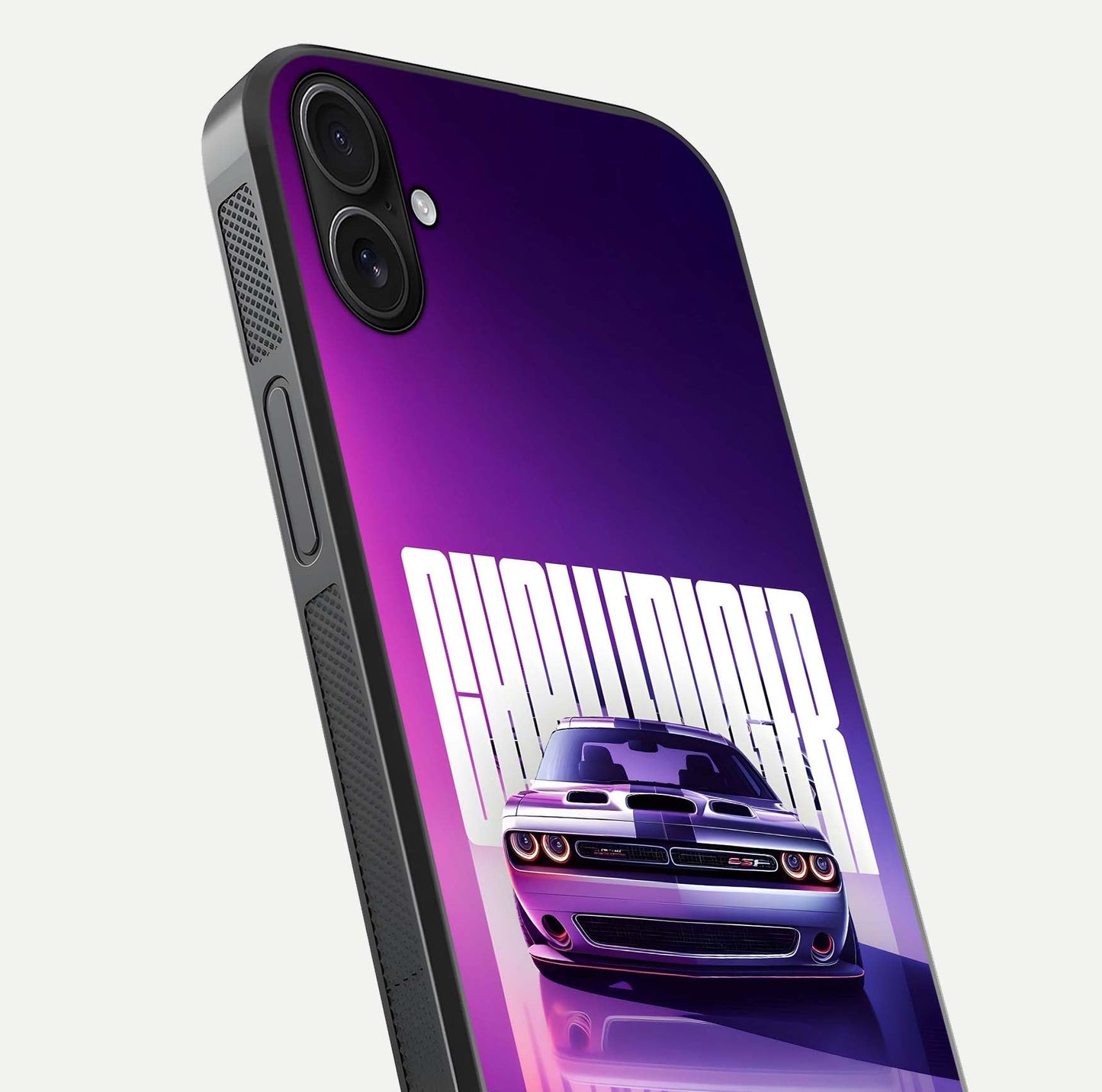Midnight Muscle Ride Glass Case for iPhone 16 Plus close-up angled shot showing HD reflections and car details