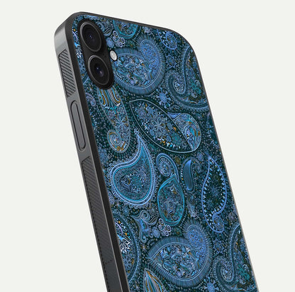 Midnight Paisley Glow Glass Case for iPhone 16 Plus close-up angled shot showing floral details and gloss texture