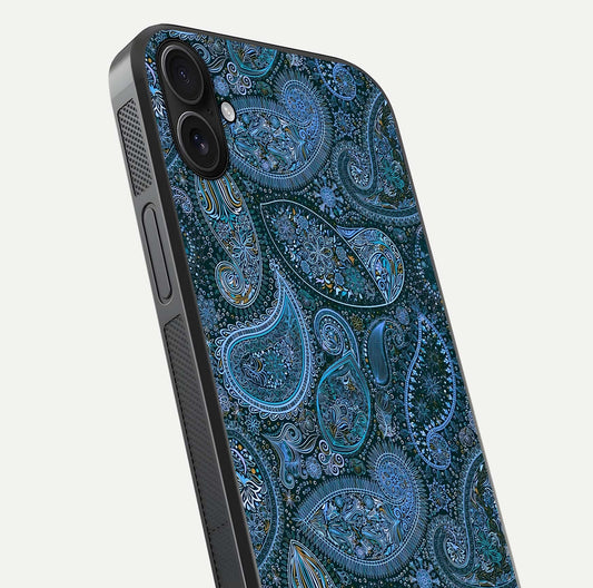 Midnight Paisley Glow Glass Case for iPhone 16 Plus close-up angled shot showing floral details and gloss texture