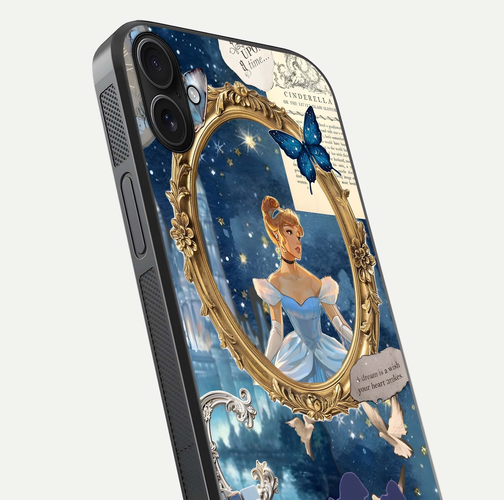 Midnight Queen Glass Case for iPhone 16 Plus close-up angled shot featuring crown motif and gloss reflection