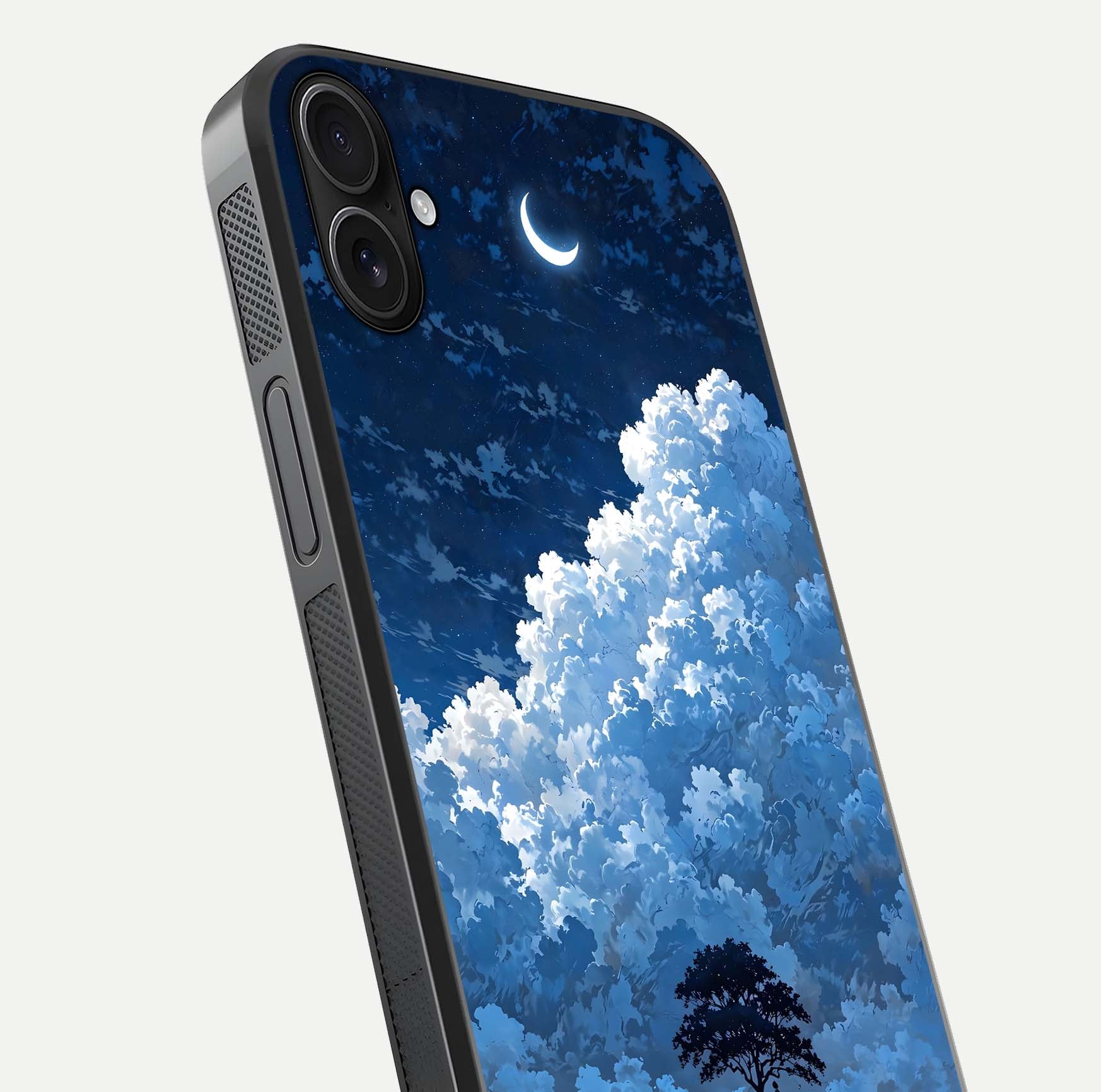 Midnight Sky Serenity Glass Case for iPhone 16 Plus close-up angled shot showing starlit tones and reflection