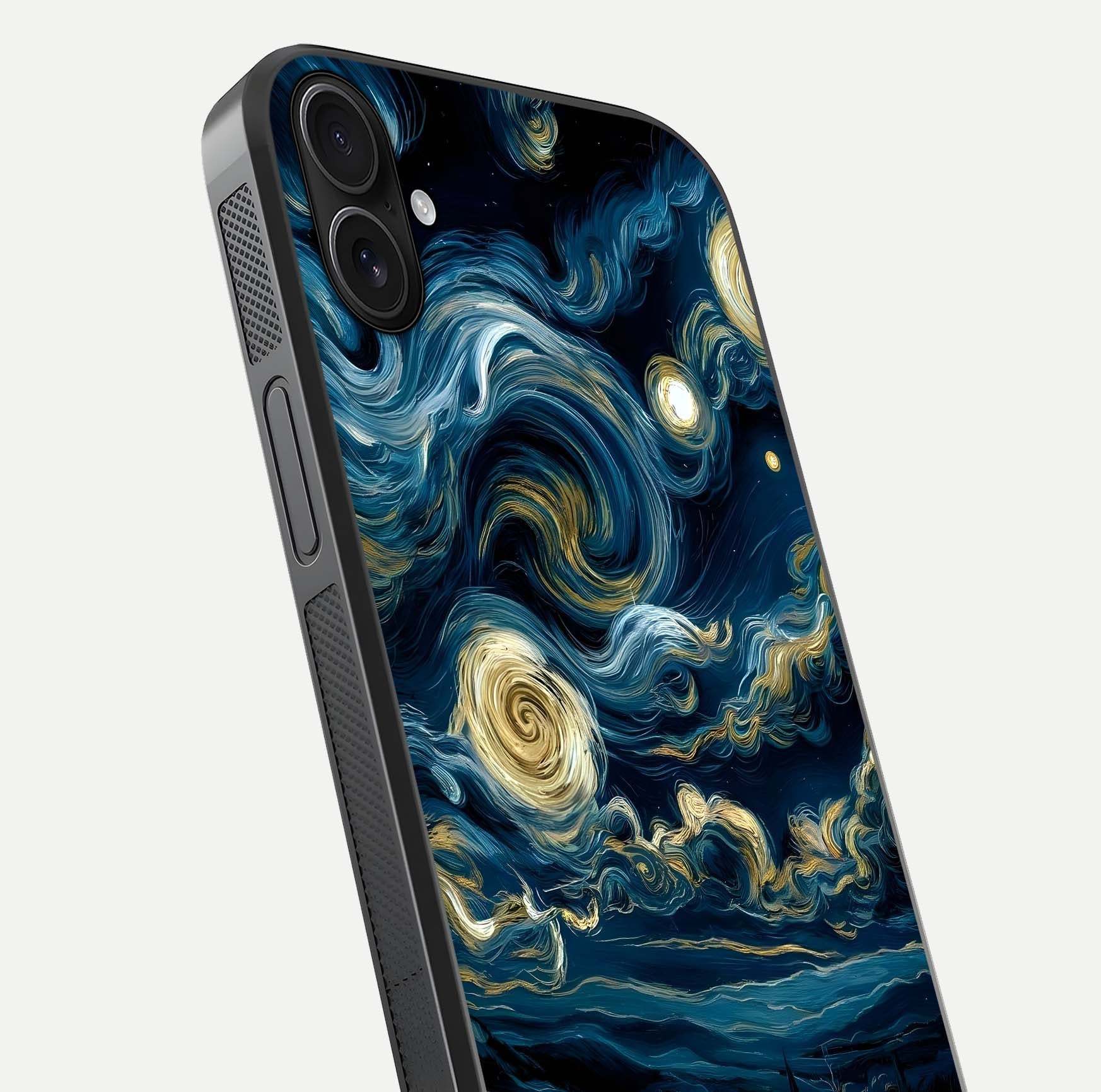 Midnight Sky Whirl Glass Case for iPhone 16 Plus close-up angle showing spiral design and HD gloss reflection