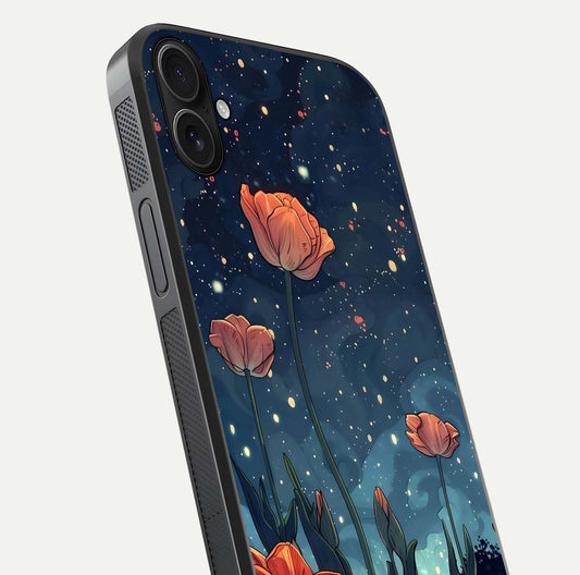Midnight Tulip Glow Glass Case for iPhone 16 Plus close-up angled shot showing petal details and reflection glow
