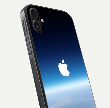 Minimal Apple Sky Glass Case for iPhone 16 Plus close-up angled shot showing pastel blue hues and reflection