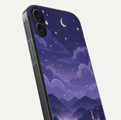Minimal Night View Glass Case for iPhone 16 Plus close-up angled shot showing lights reflection and dark tone details
