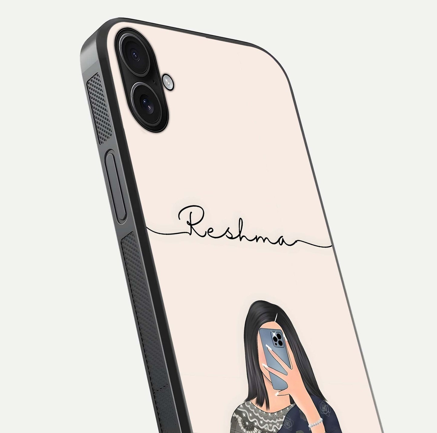 Mirror Mood Muse Custom Name Glass Case for iPhone 16 Plus close-up angled shot highlighting gloss and mirror depth