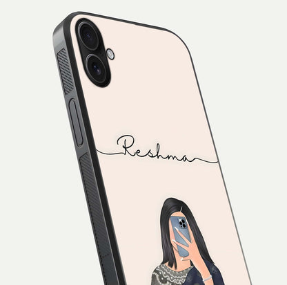 Mirror Mood Muse Custom Name Glass Case for iPhone 16 Plus close-up angled shot highlighting gloss and mirror depth