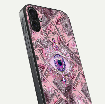Money Eye Luxe Glass Case for iPhone 16 Plus close-up angled shot showing gold detailing and reflection shine