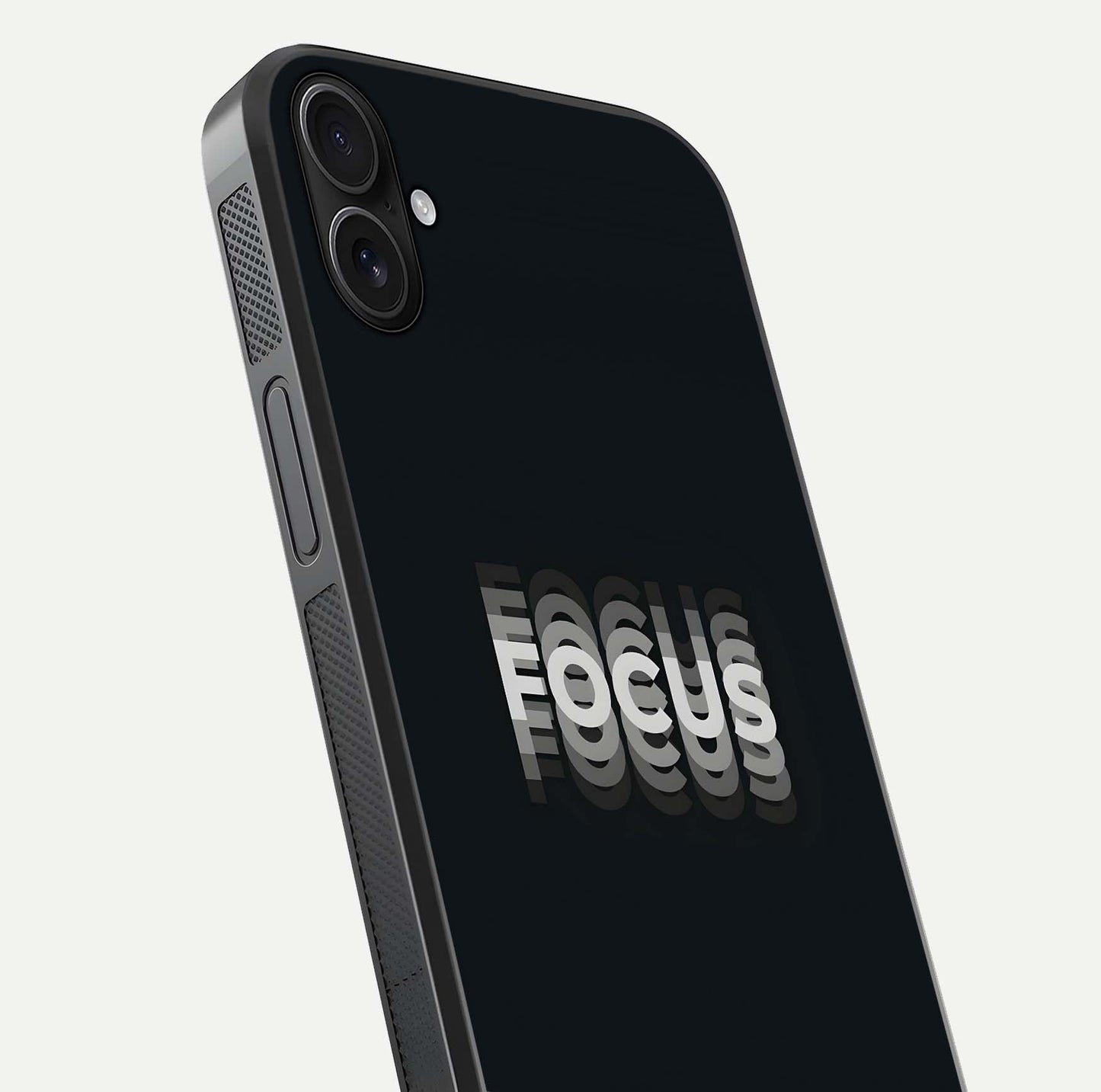 Mono Focus Vision Glass Case for iPhone 16 Plus close-up angled shot highlighting minimal contrast and reflection