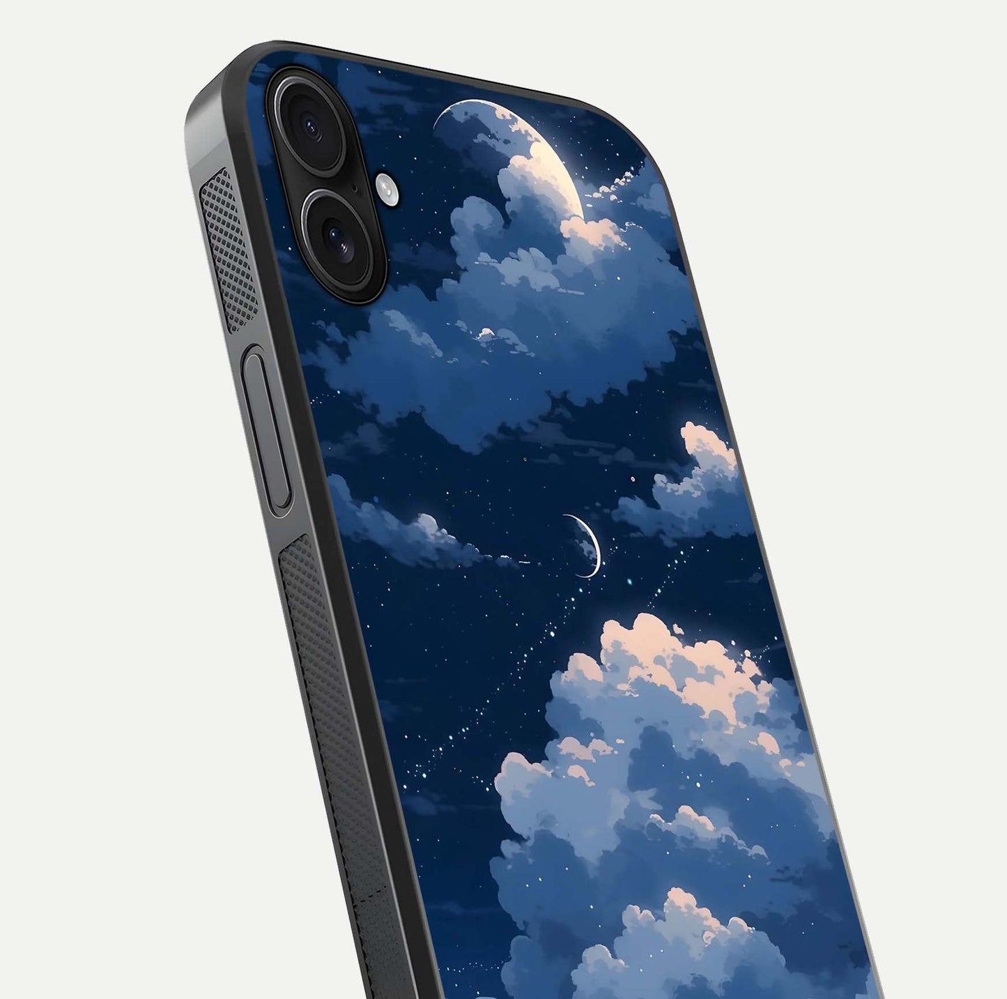 Moon Dream Haze Glass Case for iPhone 16 Plus close-up angled shot showing moon reflection and subtle glow