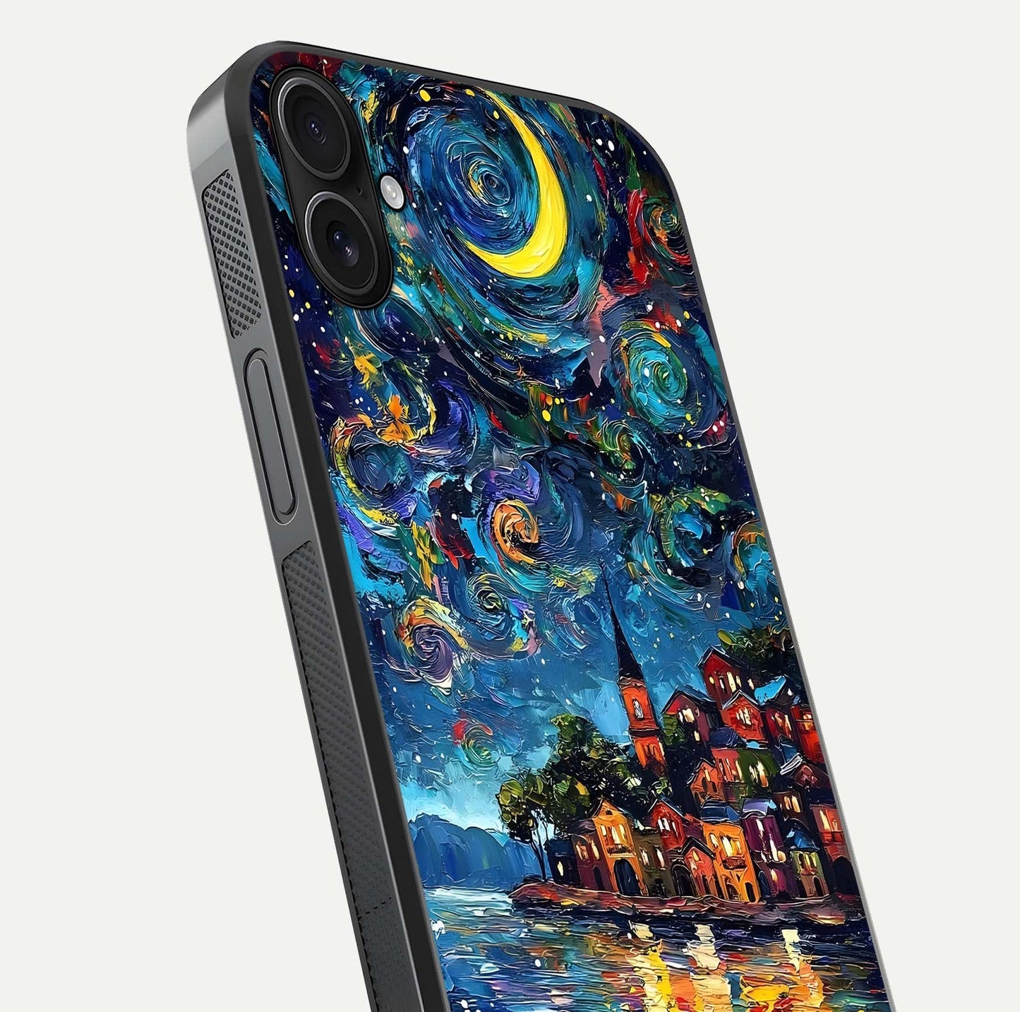 Moonlight Harbor Glow Glass Case for iPhone 16 Plus close-up angled shot showing reflection and moonlight glow