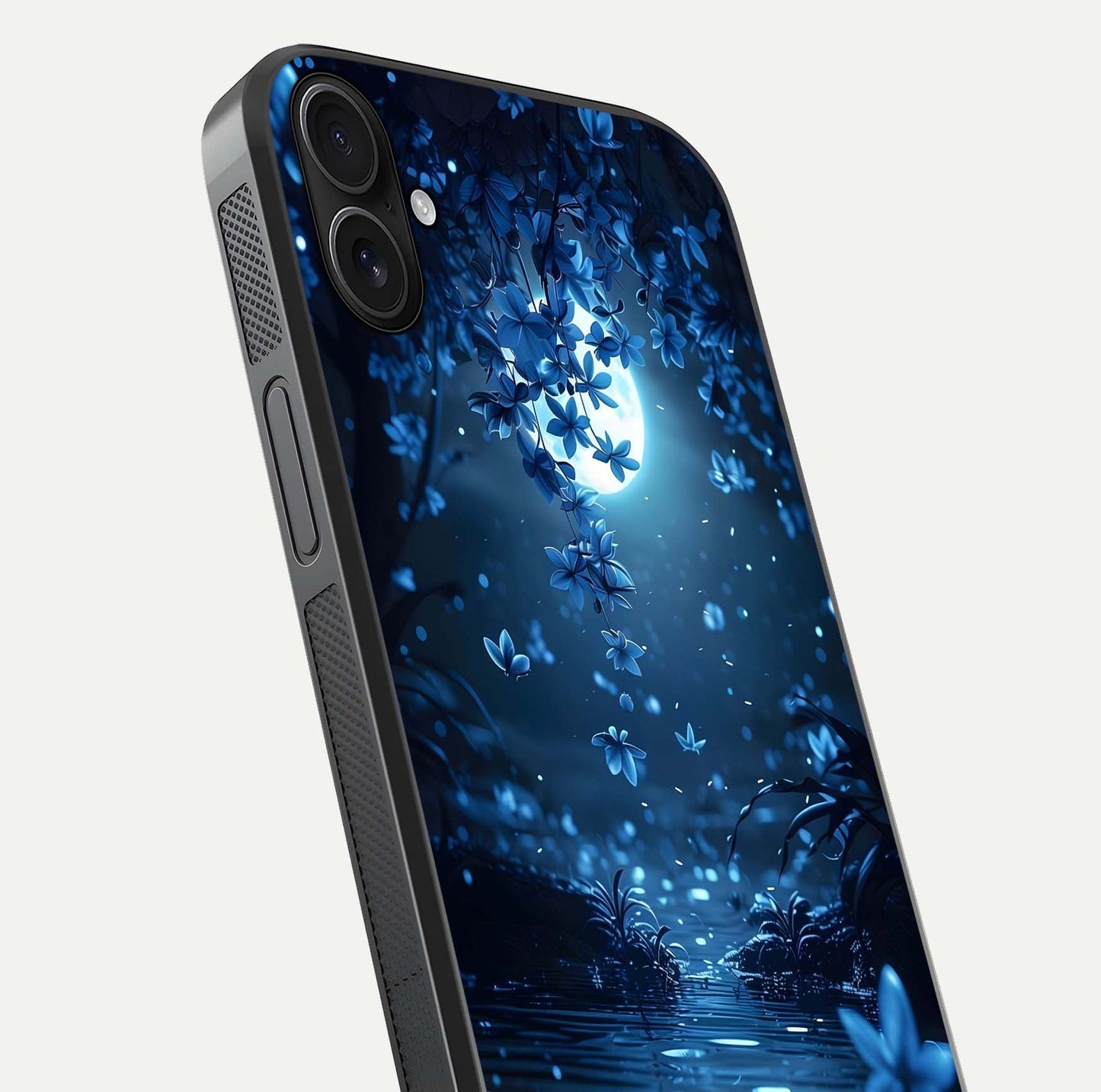 Moonlight Petal Dream Glass Case for iPhone 16 Plus close-up angled shot showing petal reflection and glow texture
