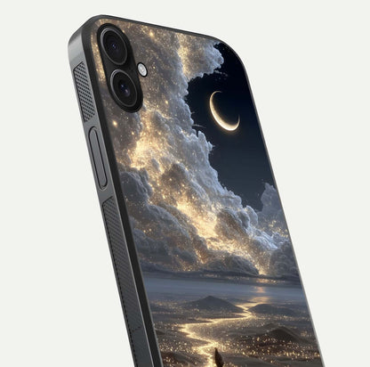Moonlight Spark Path Glass Case for iPhone 16 Plus close-up angled shot showing glowing stars and reflection