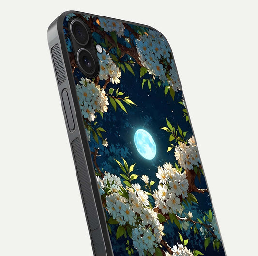 Moonlit Blossom Dream Glass Case for iPhone 16 Plus close-up angled shot showing glowing petals and reflection