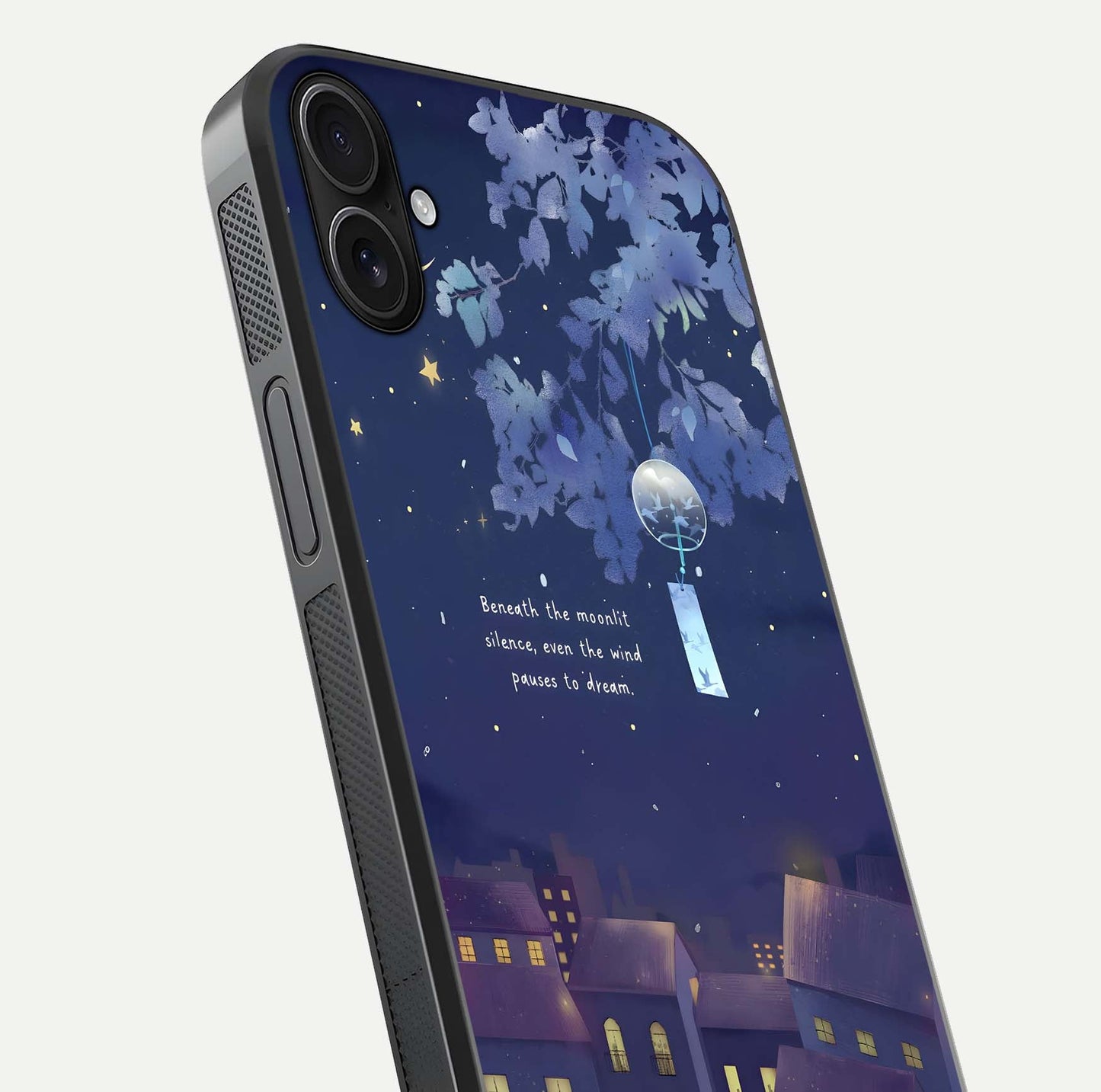 Moonlit Cat Silence Glass Case for iPhone 16 Plus close-up angled shot showing soft glow and reflection texture
