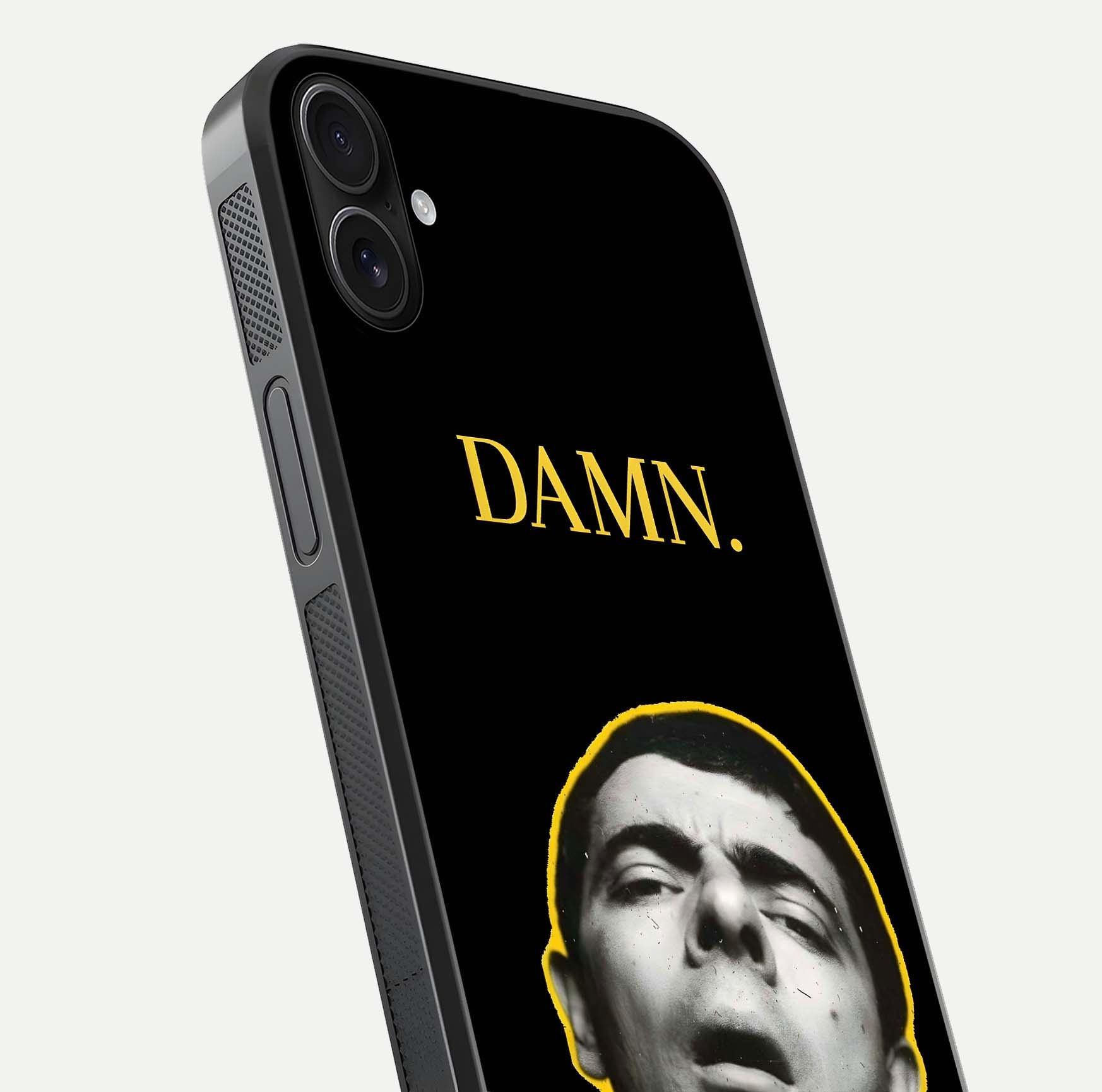Mr Bean Damn Glass Case for iPhone 16 Plus close-up angled shot highlighting comic expression and shine detail