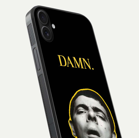 Mr Bean Damn Glass Case for iPhone 16 Plus close-up angled shot highlighting comic expression and shine detail