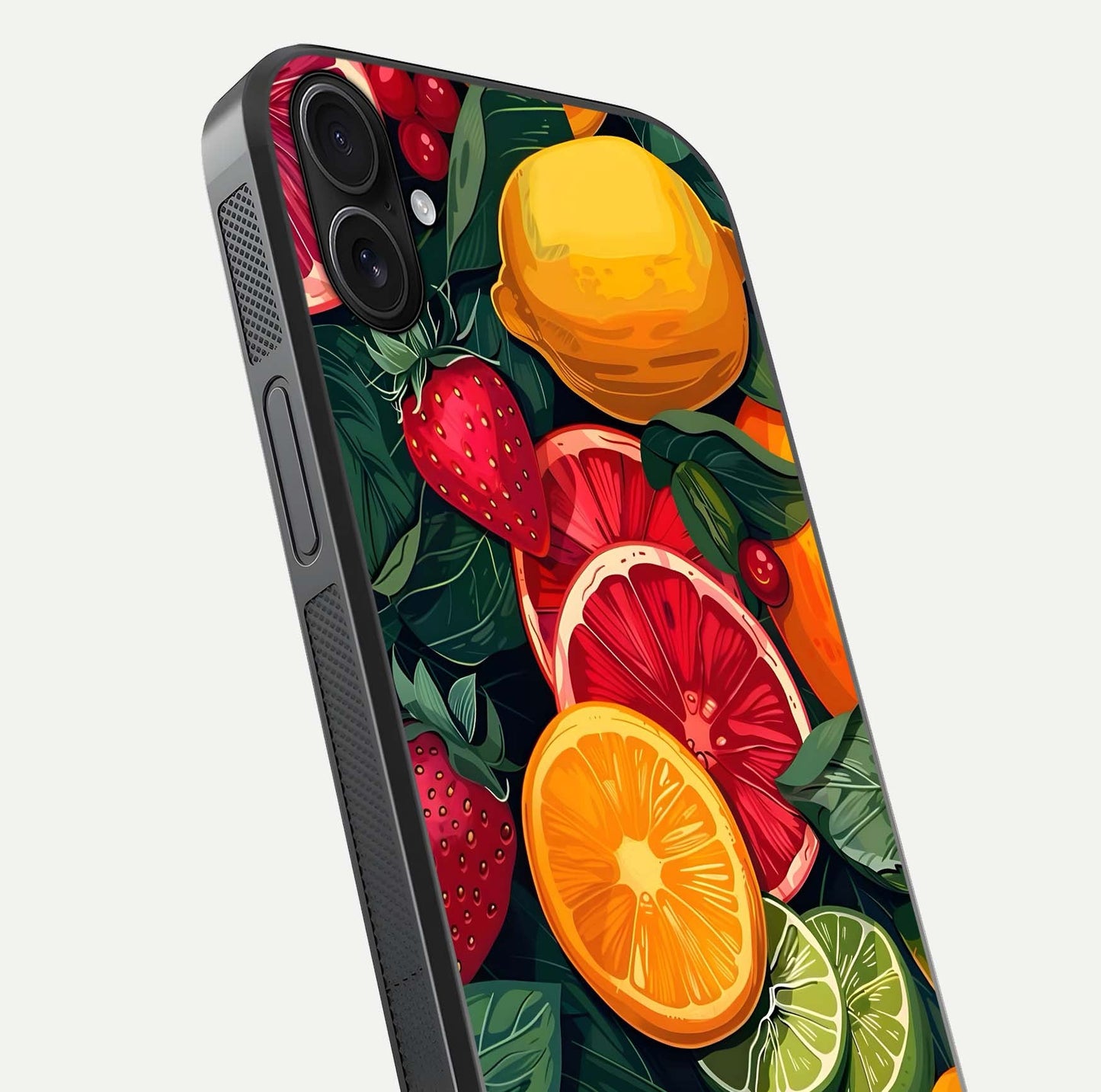 Multiple Fruits Glass Case for iPhone 16 Plus close-up angled shot showing fruit texture and HD gloss shine