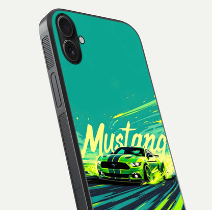 Mustang Bang Glass Case for iPhone 16 Plus close-up angled shot showing car emblem and HD reflection