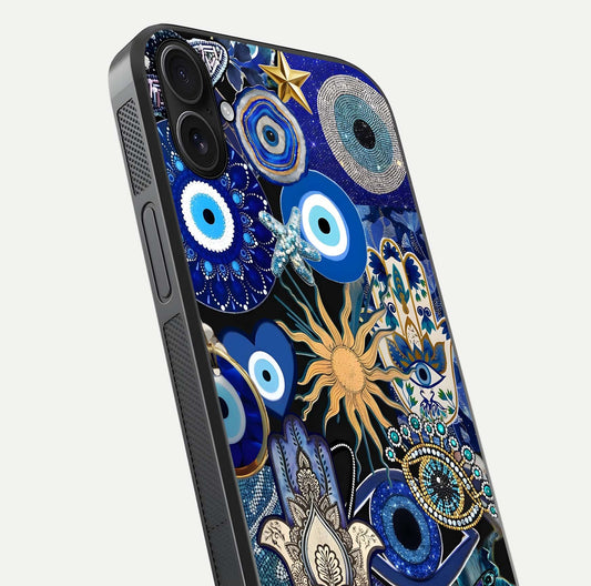 Mystic Blue Evil Eye Glass Case for iPhone 16 Plus close-up angled shot highlighting mystical glow and HD reflection