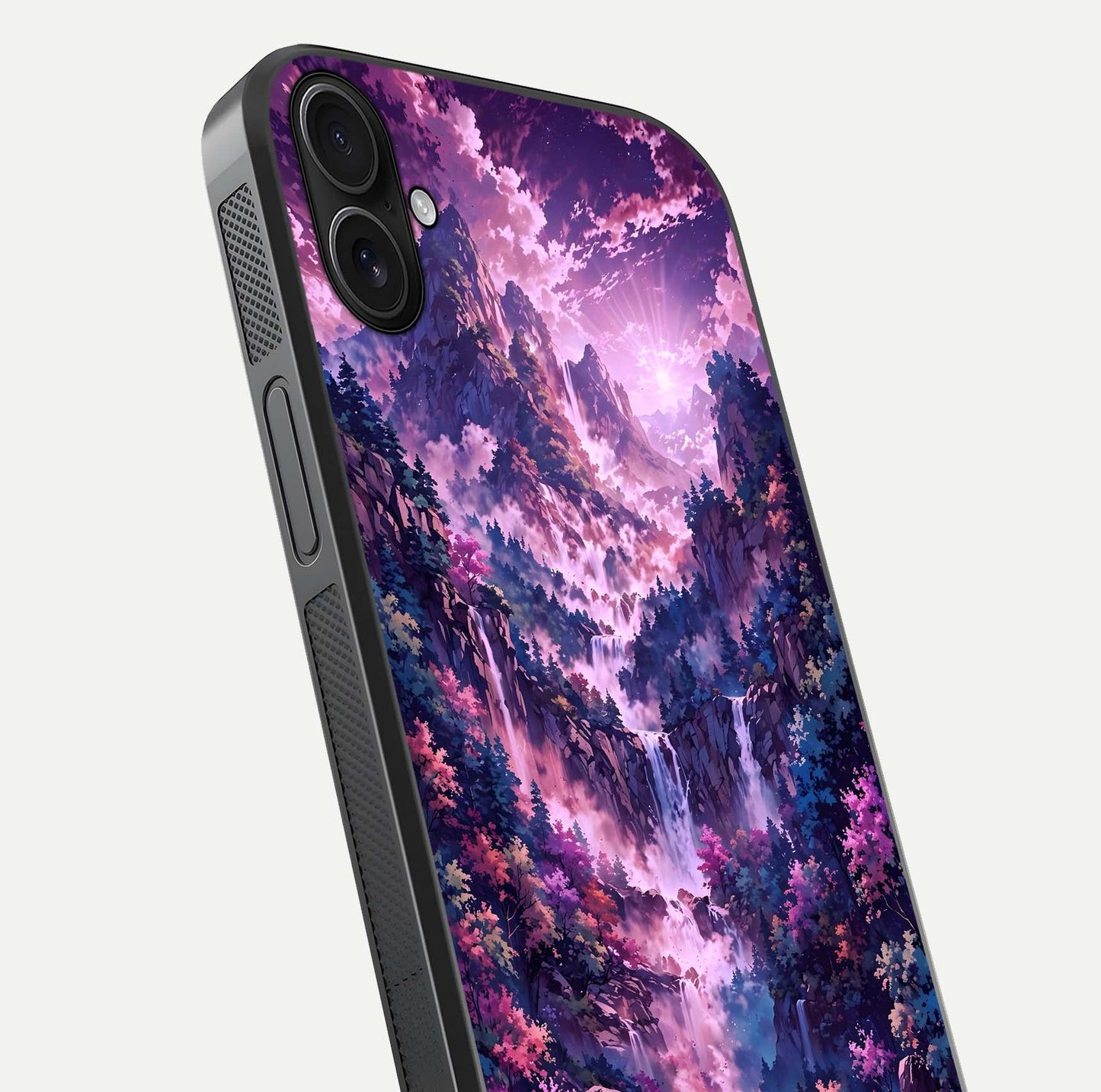 Mystic Cascade Peaks Glass Case for iPhone 16 Plus close-up angled shot showing peak reflections and color gradient