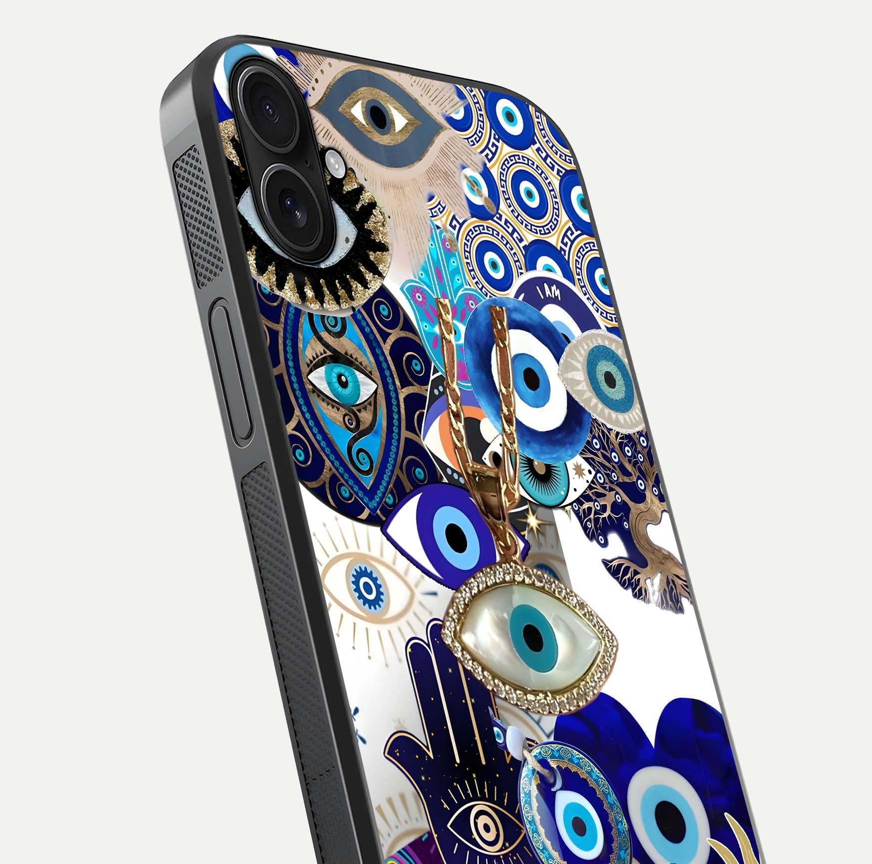 Mystic Charm Eye Glass Case for iPhone 16 Plus close-up angled shot showing detailed eye art and reflection