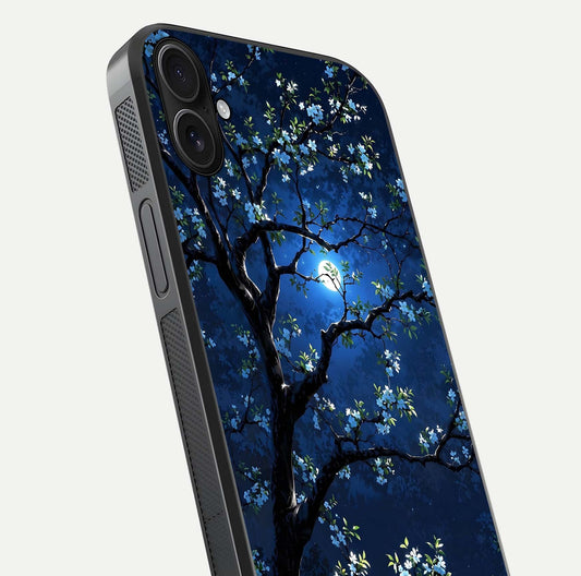 Mystic Floral Night Glass Case for iPhone 16 Plus close-up angled shot highlighting petal detail and HD reflection