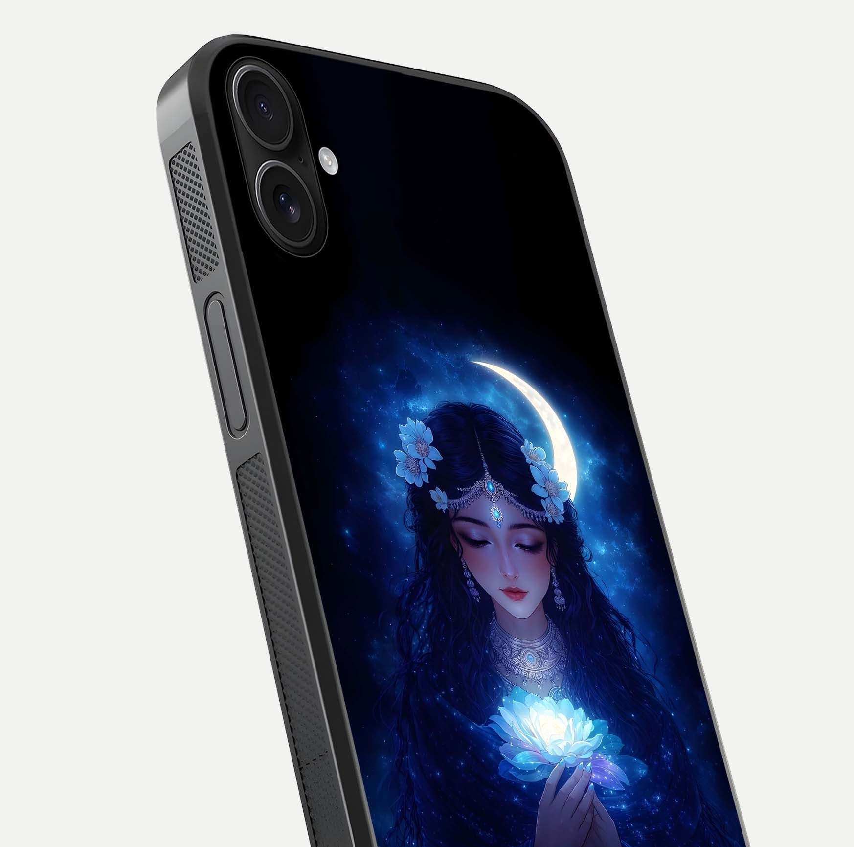 Mystic Moon Queen Glass Case for iPhone 16 Plus close-up angled shot showing shine and lunar tones