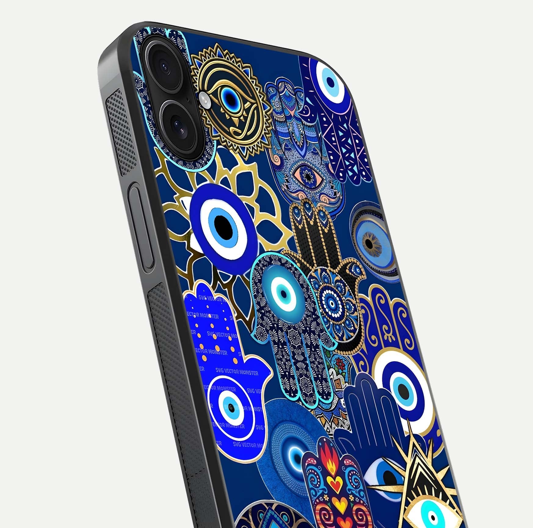 Mystic Palm Guard Glass Case for iPhone 16 Plus close-up angled shot showing eye symbol and fine texture