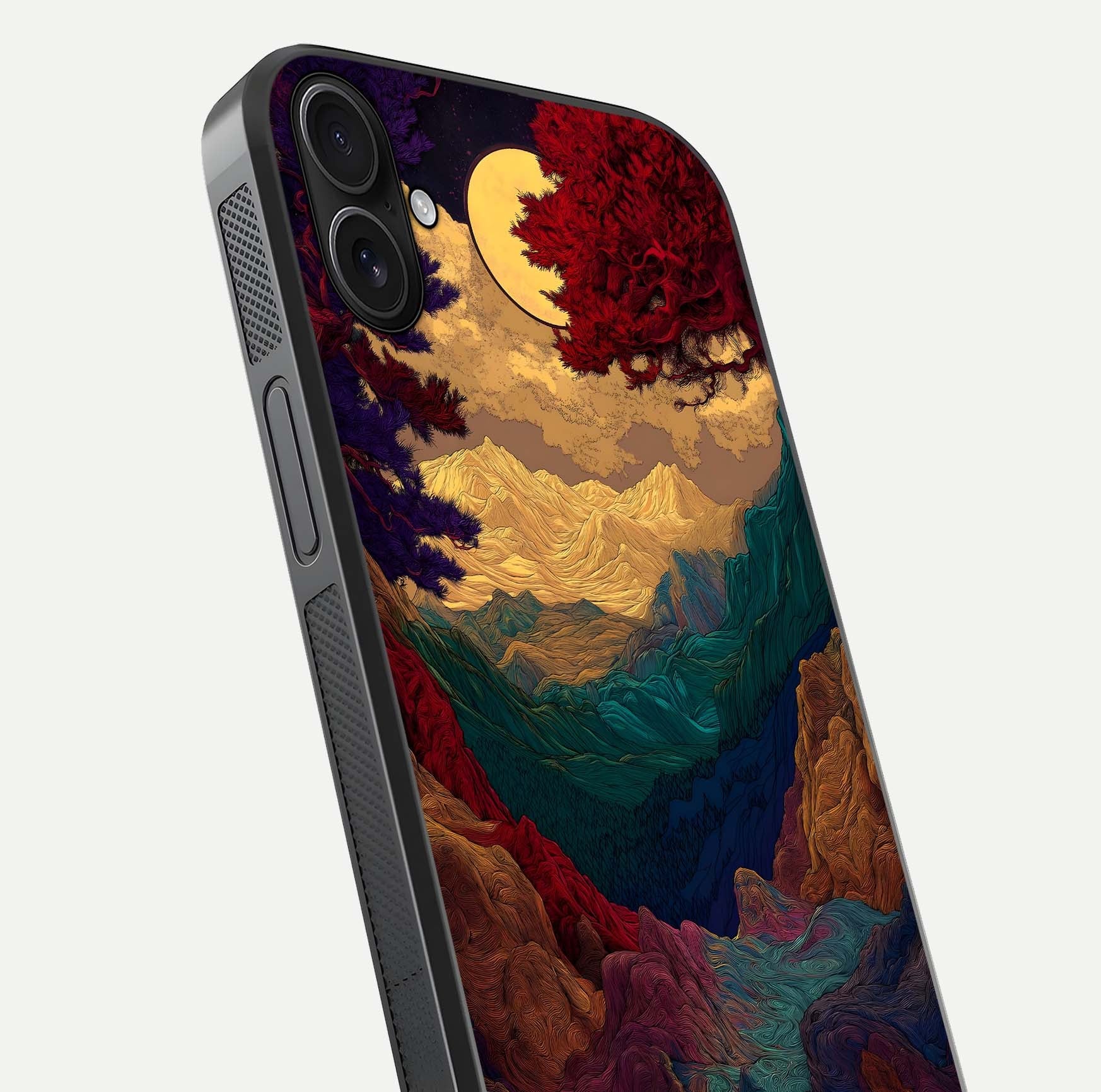 Mystic Valley Light Glass Case for iPhone 16 Plus close-up angled shot highlighting gradient sky and reflection