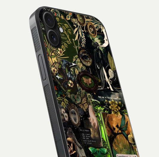 Mystic Woods Secret Glass Case for iPhone 16 Plus close-up angled shot highlighting tree texture and reflection