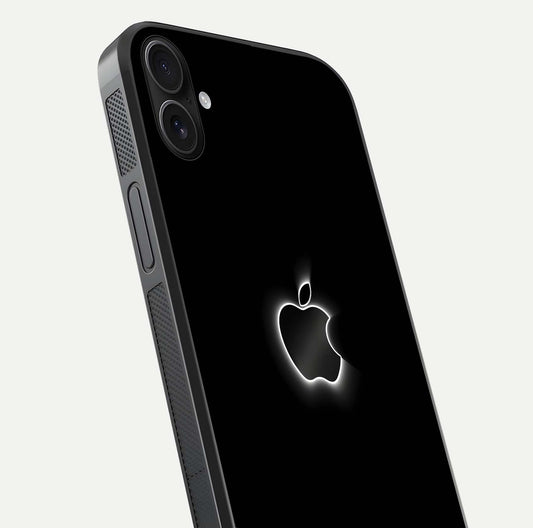 Neon Apple Glow Glass Case for iPhone 16 Plus close-up angled shot highlighting neon reflection and color pop