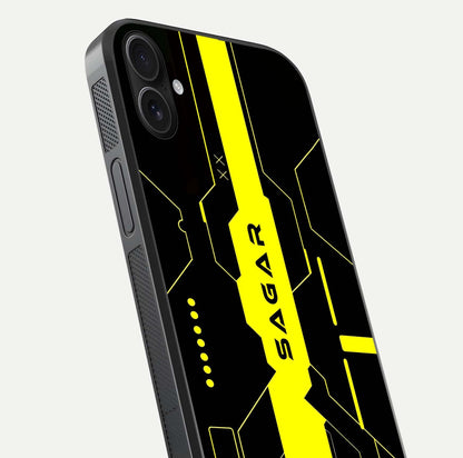 Neon CYBERPUNK Custom Name Glass Case for iPhone 16 Plus close-up angled shot highlighting electric colors and reflection