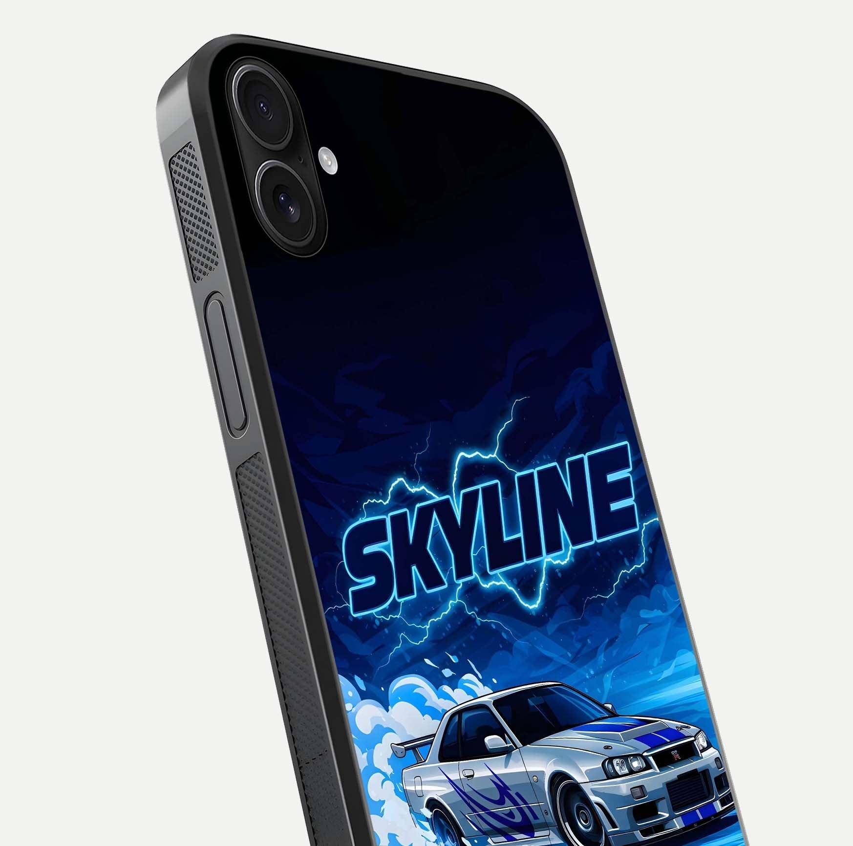 Neon Drift Beast Glass Case for iPhone 16 Plus close-up angled shot highlighting glowing streaks and vivid reflection