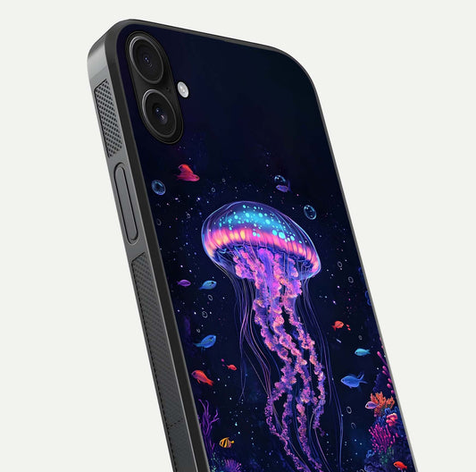 Neon Jellyfish Glass Case for iPhone 16 Plus close-up angled shot showing translucent jellyfish and shine reflection