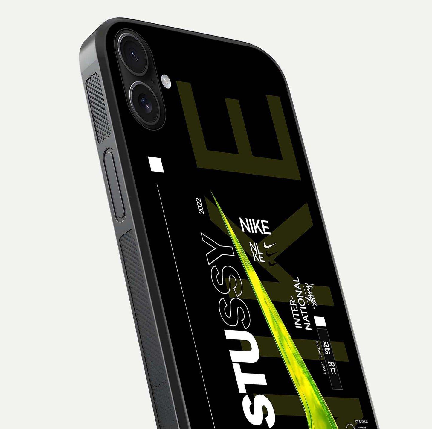 Neon Street Edition Glass Case for iPhone 16 Plus close-up angled shot showing urban neon lights and shine