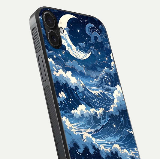 Ocean Moon Waves Glass Case for iPhone 16 Plus close-up angled shot showing HD reflection and calm tones