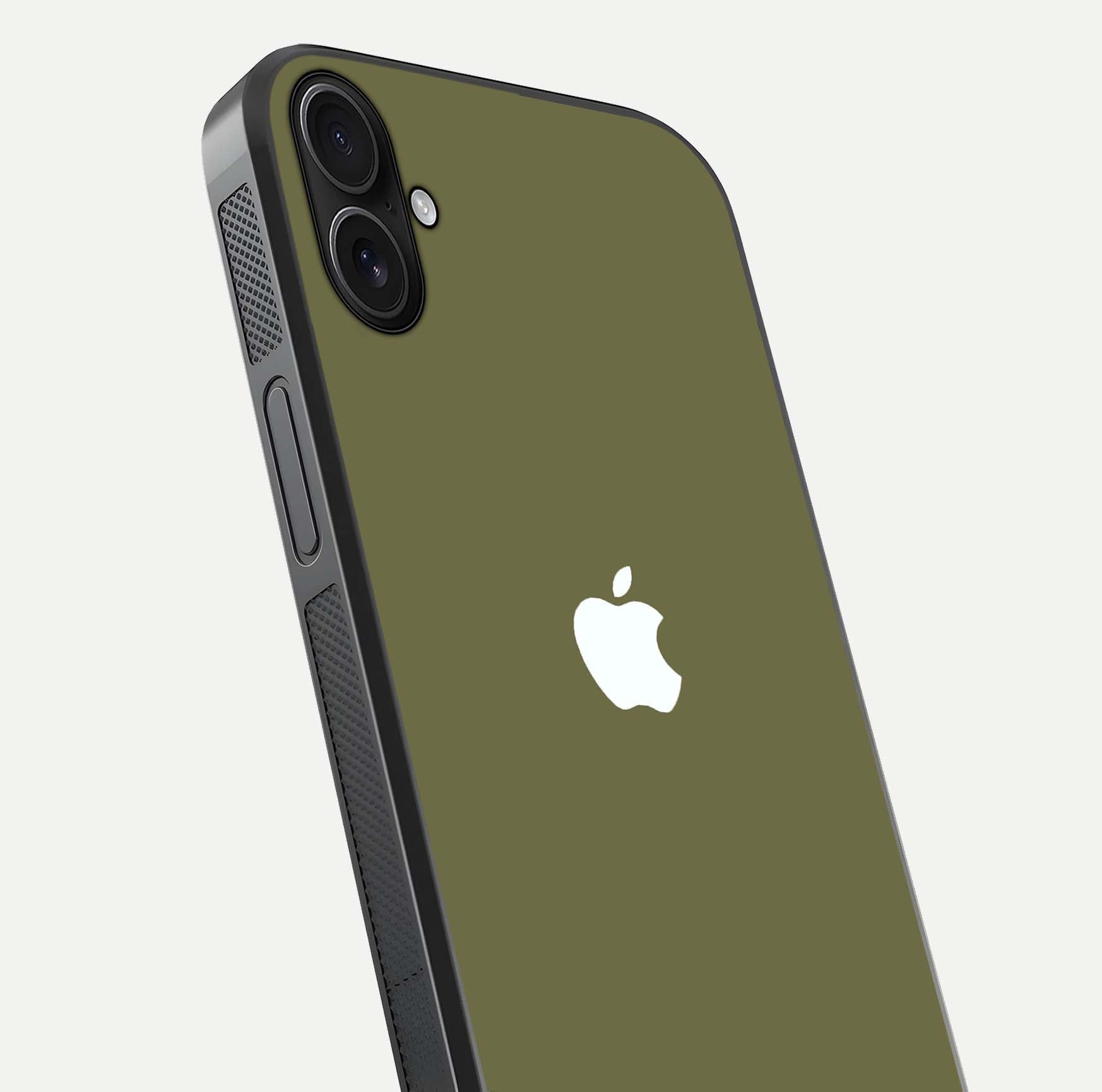 Olive Matte Essence Glass Case for iPhone 16 Plus close-up angled shot showing soft reflection and minimal finish