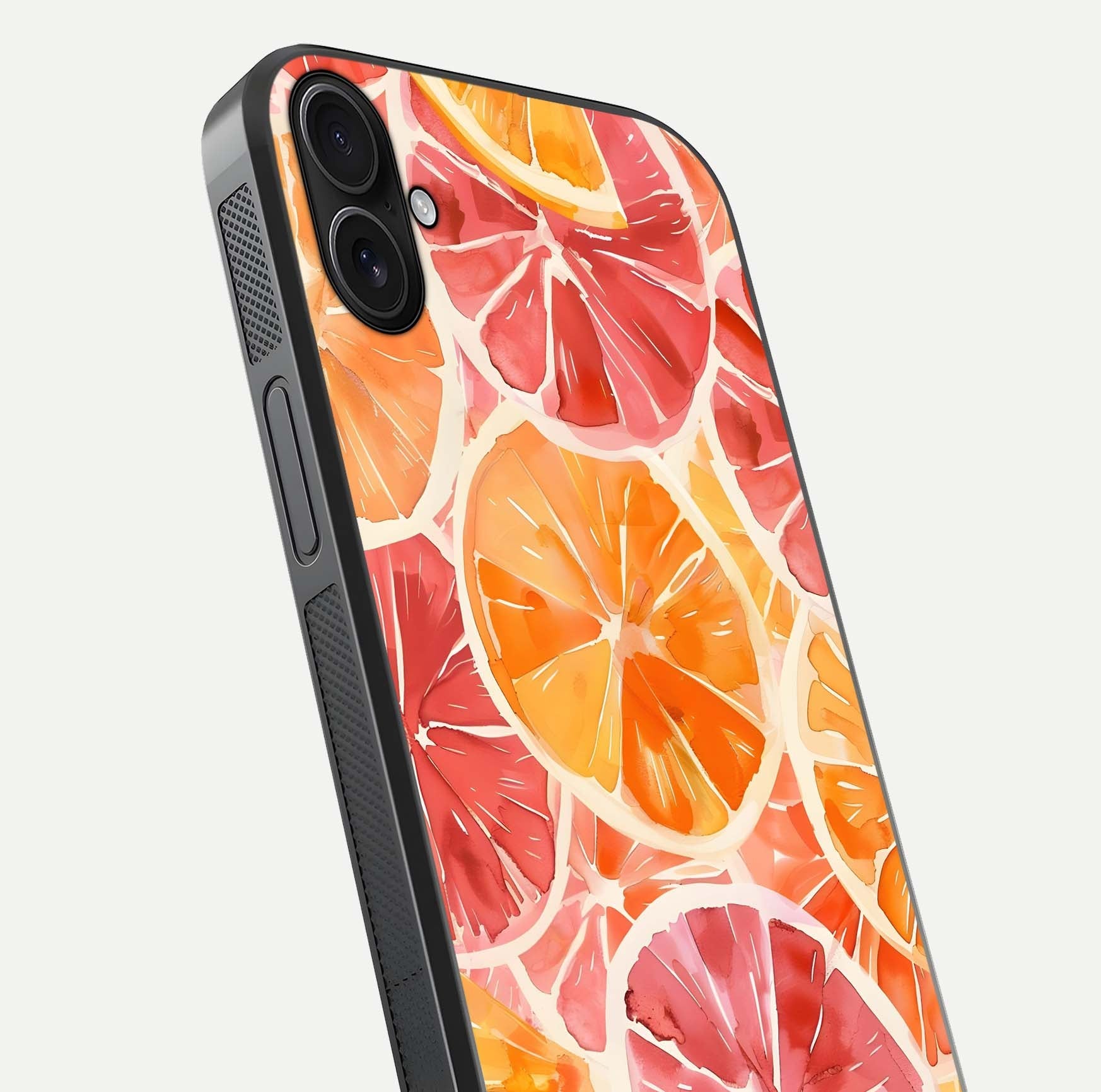 Orange Fruits Pattern Glass Case for iPhone 16 Plus close-up angled shot showing juicy fruit texture and reflection