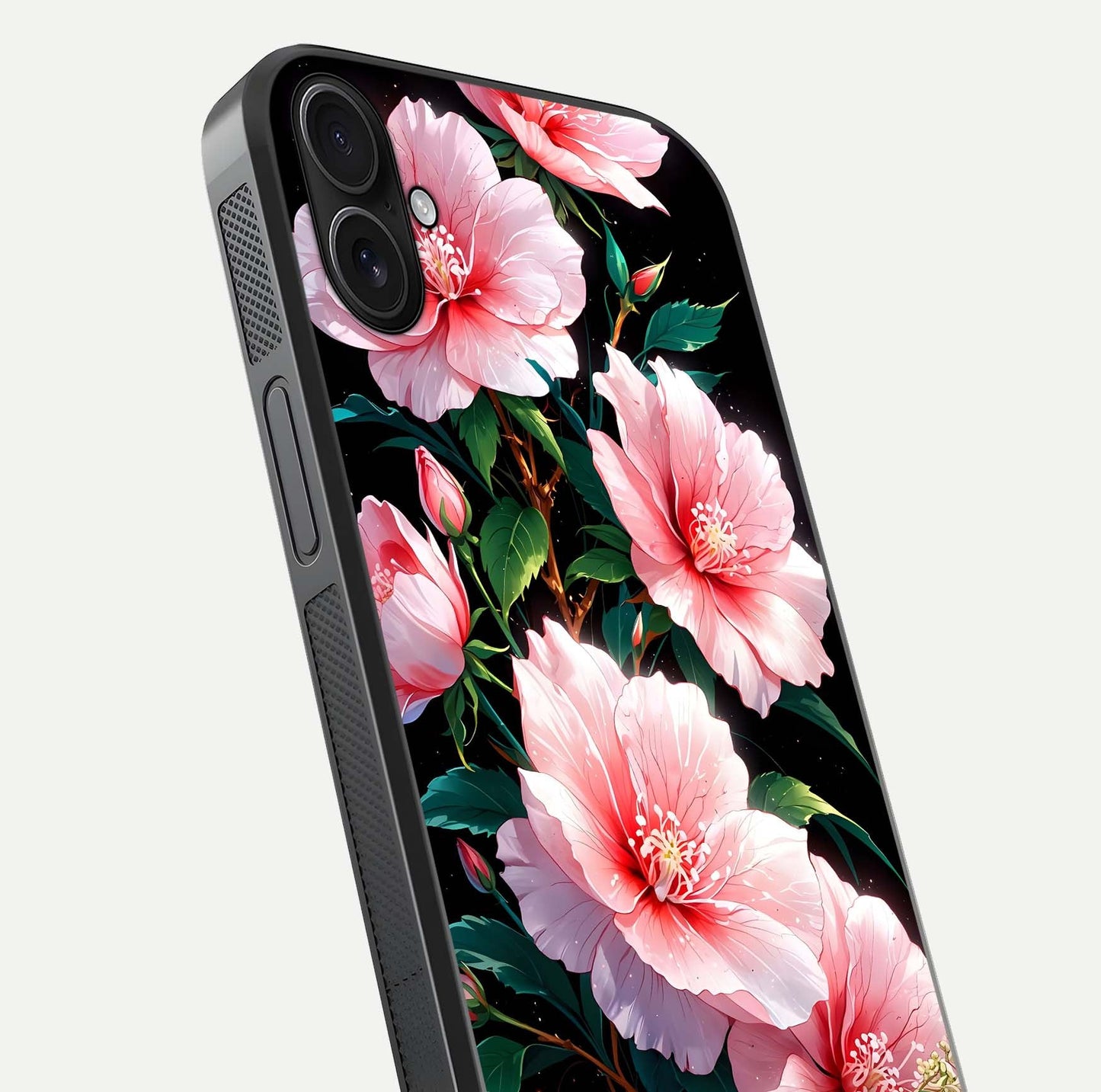 Peach Flower Glass Case for iPhone 16 Plus close-up angled shot highlighting floral petals and HD glass reflection