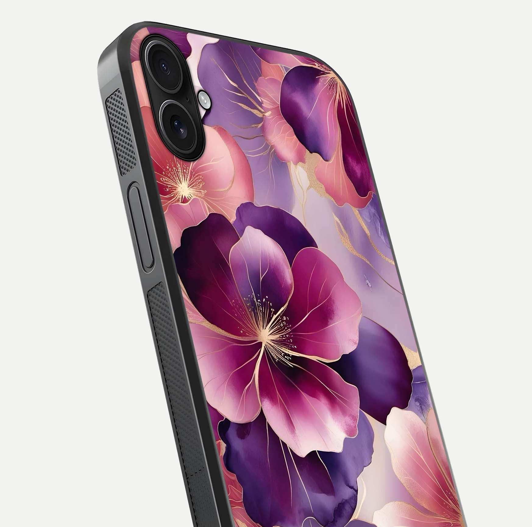 Pink Bouquet Florals Glass Case for iPhone 16 Plus close-up angled shot showing bouquet details and reflection