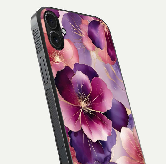 Pink Bouquet Florals Glass Case for iPhone 16 Plus close-up angled shot showing bouquet details and reflection