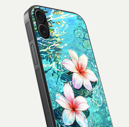 Pink Flowers in Water Glass Case for iPhone 16 Plus close-up angled shot highlighting water ripple and reflection