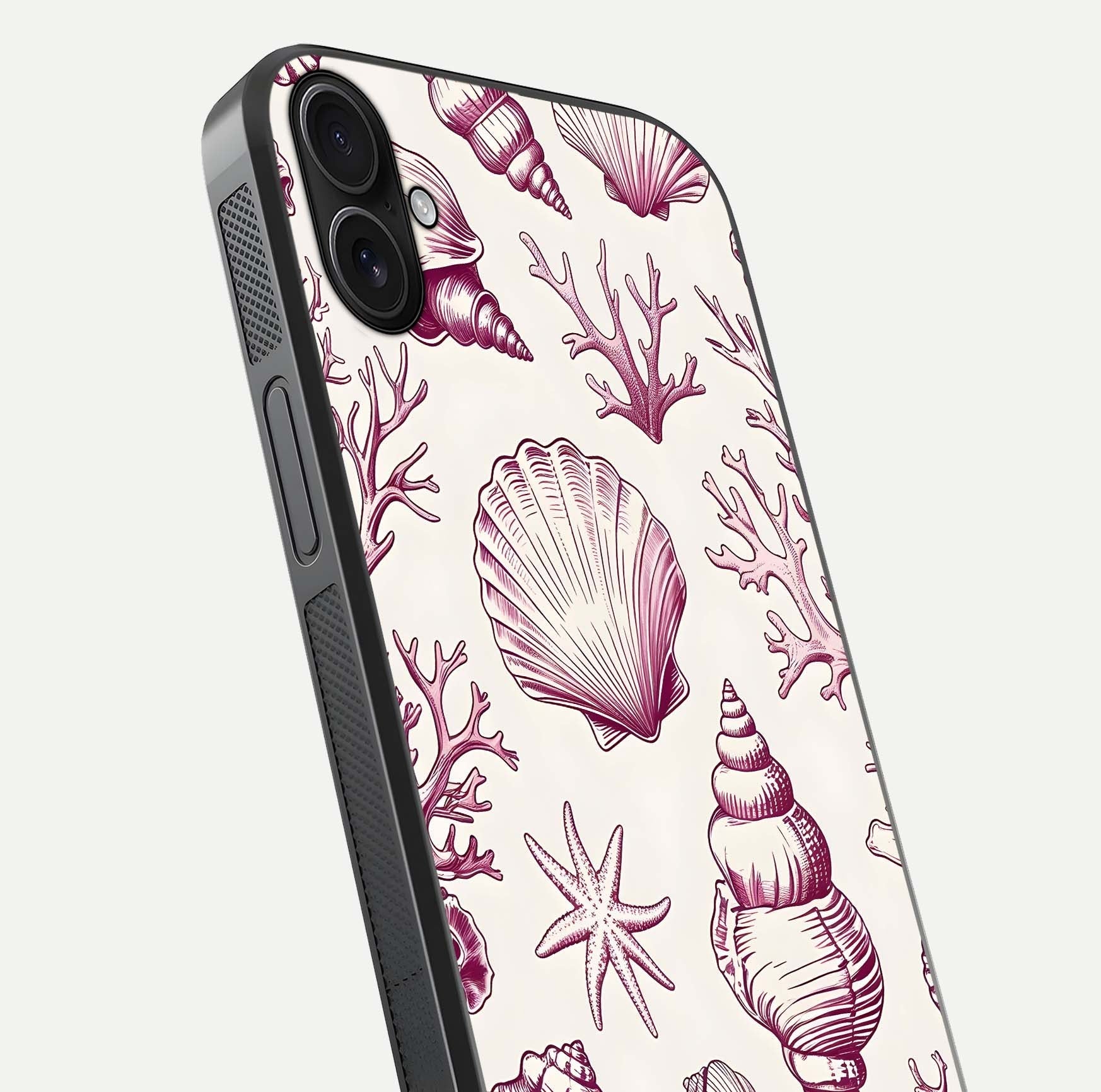 Pink Shells Outline Glass Case for iPhone 16 Plus close-up angled shot showing fine shell lines and reflection
