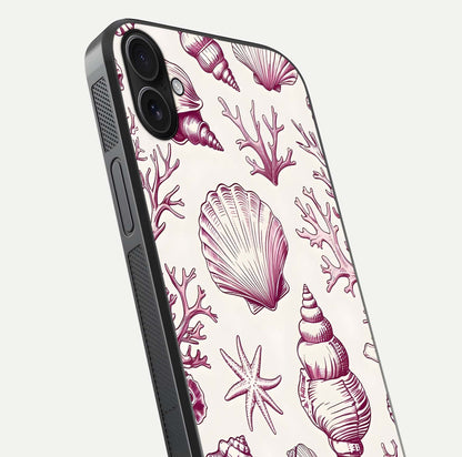 Pink Shells Outline Glass Case for iPhone 16 Plus close-up angled shot showing fine shell lines and reflection