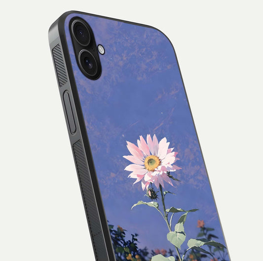 Pink Sunflower Glow Glass Case for iPhone 16 Plus close-up angled shot highlighting petal texture and reflection