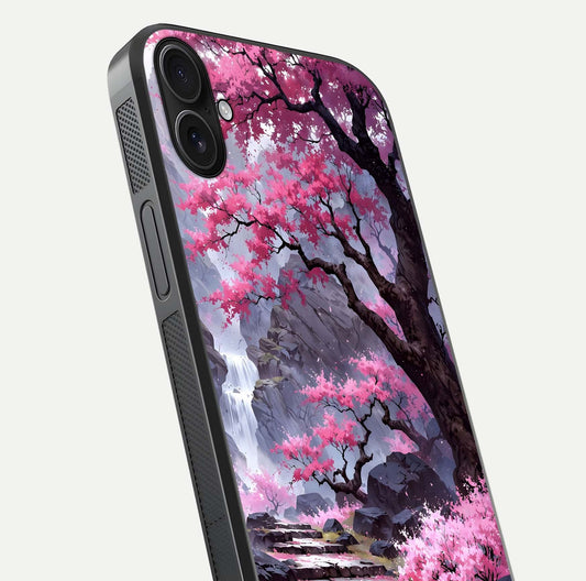 Pinkish Scenery Glass Case for iPhone 16 Plus close-up angled shot showing reflection and gradient color blend