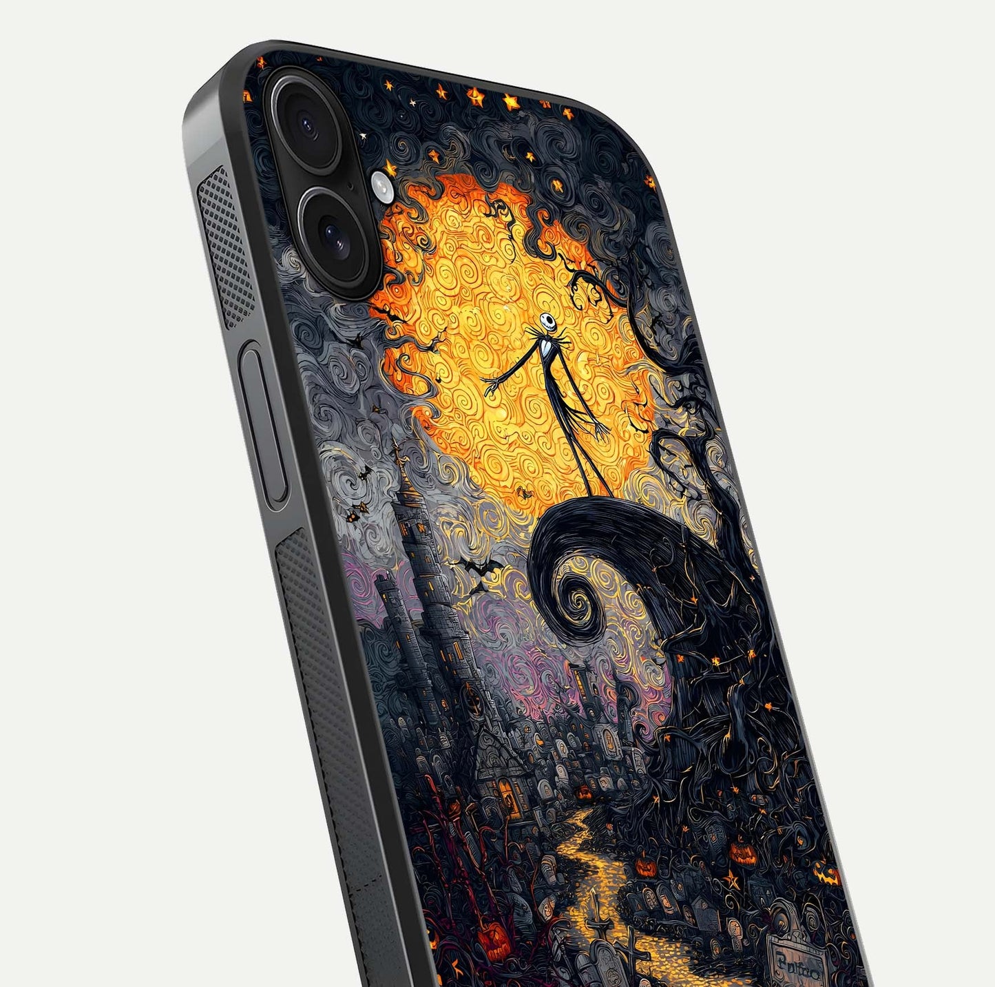 Pumpkin Moon Night Glass Case for iPhone 16 Plus close-up angled shot showing moon reflection and Halloween glow